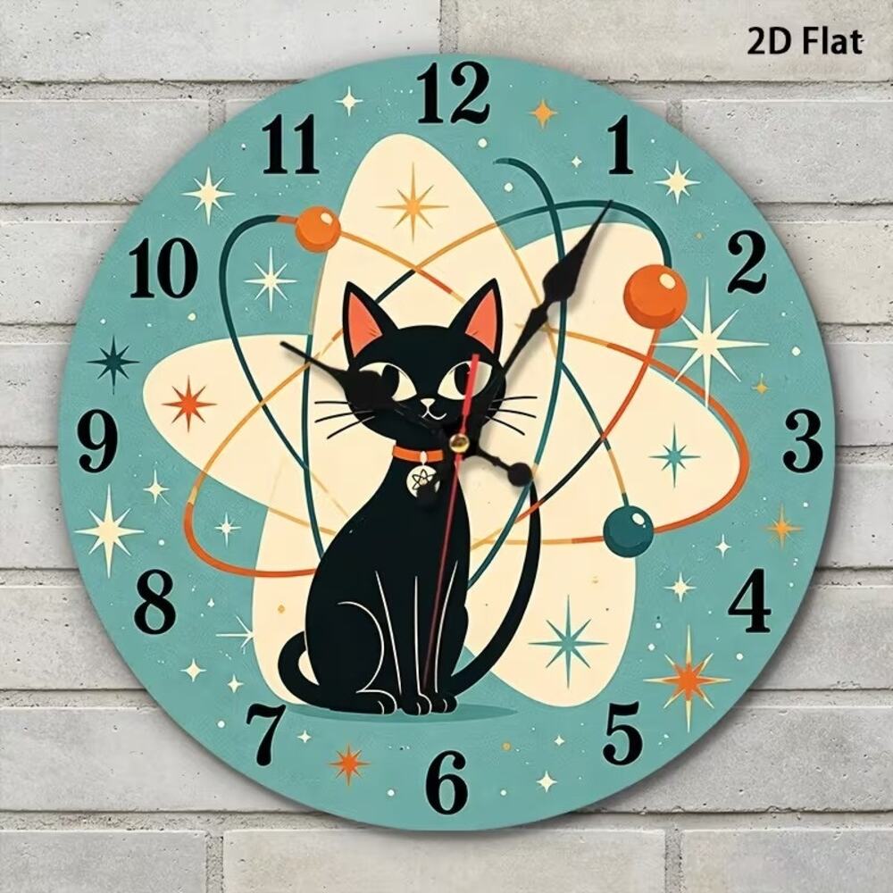 Retro Mid Century Modern Black Cat Wall Clock Printed Teal 10" Round  MCM New